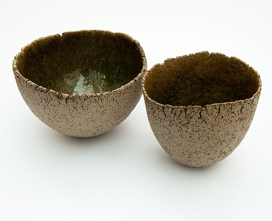 Pair of bowls with translucent green glazed interior